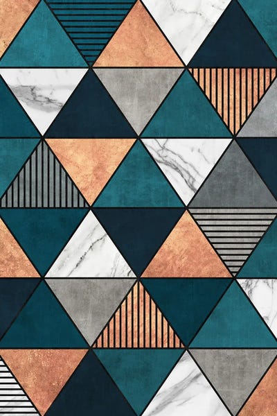 Copper, Marble and Concrete Triangles 2 with Blue by Zoltan Ratko framed wall art