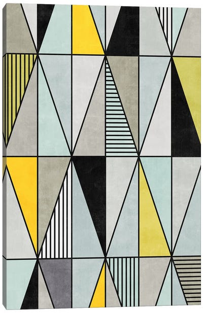 Colorful Concrete Triangles - Yellow, Blue, Grey Canvas Art Print - Pantone 2021 Ultimate Gray & Illuminating