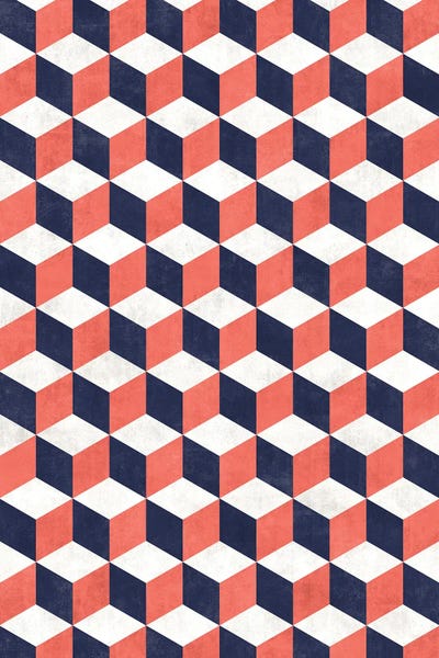 Geometric Cube Pattern - Coral, White, Blue Concrete by Zoltan Ratko framed wall art