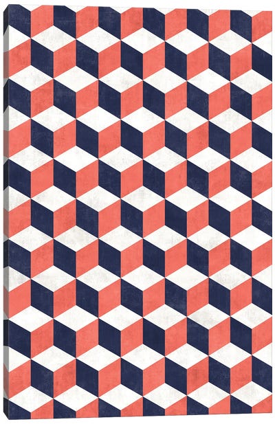 Geometric Cube Pattern - Coral, White, Blue Concrete Canvas Art Print - Zoltan Ratko