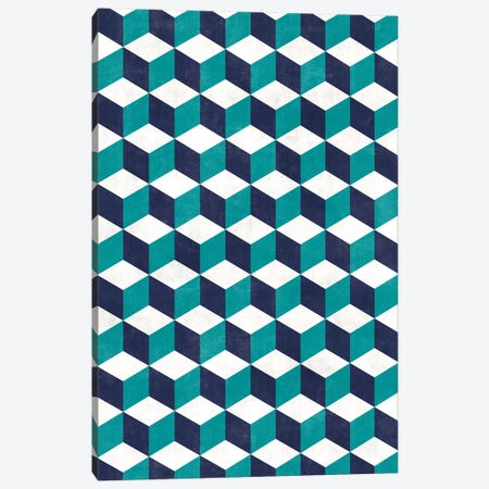 Geometric Cube Pattern - Turquoise, White, Blue Concrete Canvas Print #ZRA73} by Zoltan Ratko Canvas Artwork