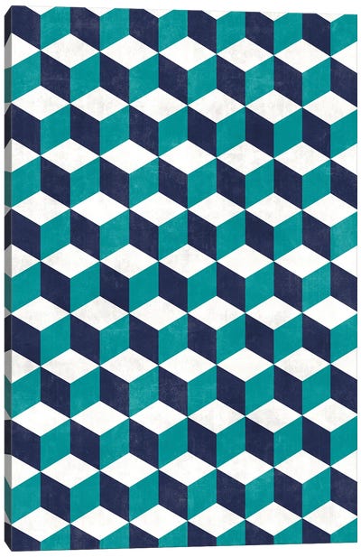 Geometric Cube Pattern - Turquoise, White, Blue Concrete Canvas Art Print - Zoltan Ratko