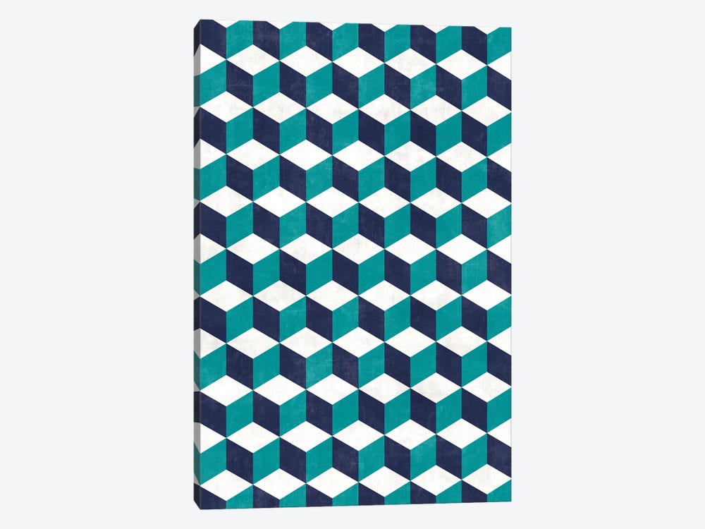 Geometric Cube Pattern - Turquoise, White, Blue Concrete by Zoltan Ratko 1-piece Canvas Print