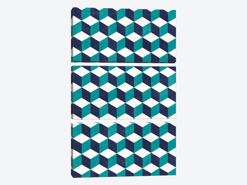 Geometric Cube Pattern - Turquoise, White, Blue Concrete by Zoltan Ratko 3-piece Art Print