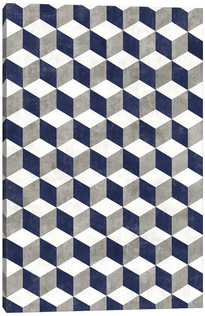 Geometric Cube Pattern - Grey, White, Blue Concrete Canvas Art Print - Zoltan Ratko