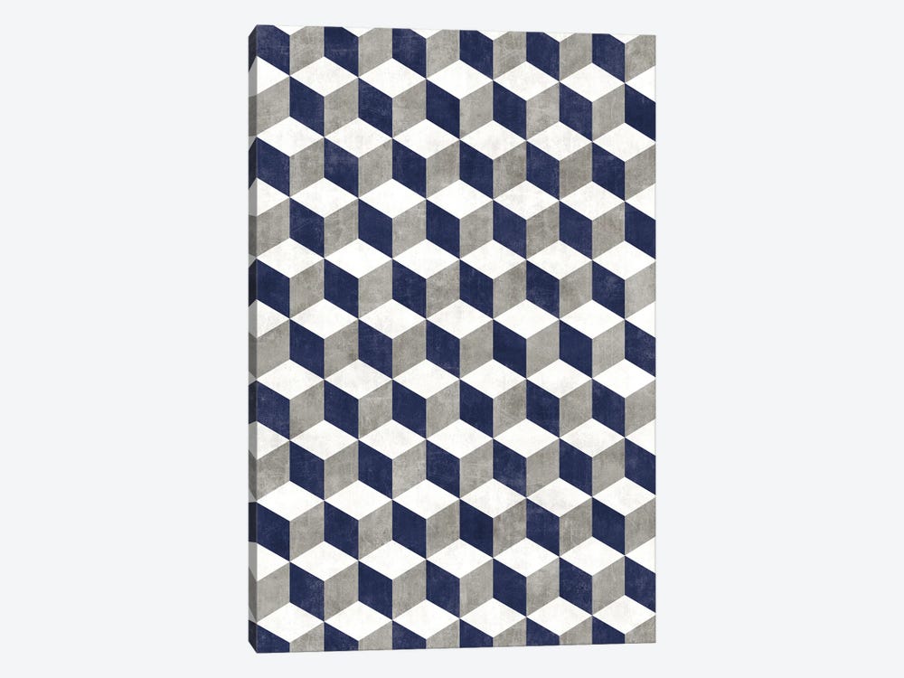 Geometric Cube Pattern - Grey, White, Blue Concrete by Zoltan Ratko 1-piece Canvas Wall Art