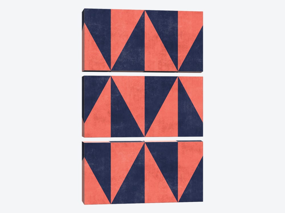 Geometric Triangle Pattern - Coral, Blue Concrete by Zoltan Ratko 3-piece Canvas Art Print