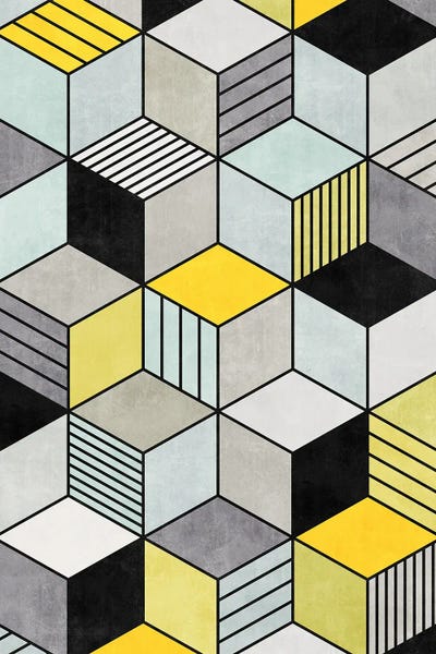 Colorful Concrete Cubes 2 - Yellow, Blue, Grey by Zoltan Ratko framed wall art