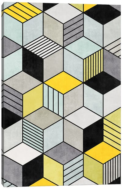 Colorful Concrete Cubes 2 - Yellow, Blue, Grey Canvas Art Print - Pantone 2021 Ultimate Gray & Illuminating