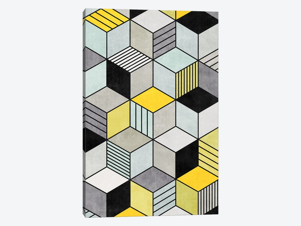 Colorful Concrete Cubes 2 - Yellow, Blue, Grey by Zoltan Ratko 1-piece Canvas Art Print