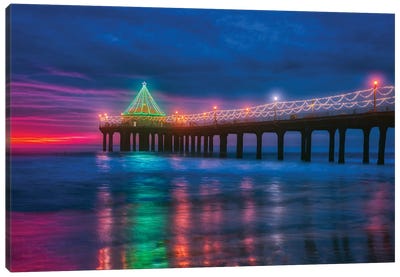 Christmas At Manhattan Beach Pier, California Canvas Art Print - Nautical Scenic Photography
