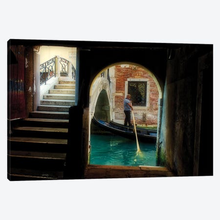 Gondolier Navigates Through A Venice Canal Canvas Print #ZSC27} by Zoe Schumacher Art Print