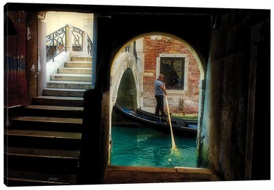 Gondolier Navigates Through A Venice Canal Canvas Art Print - Zoe Schumacher