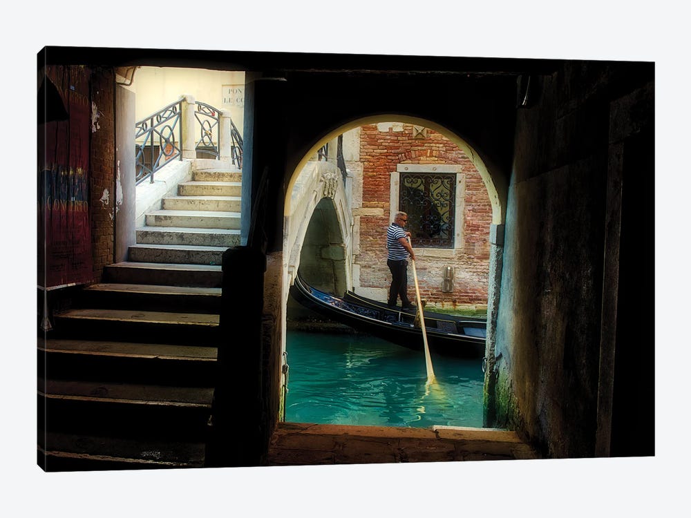Gondolier Navigates Through A Venice Canal by Zoe Schumacher 1-piece Canvas Print