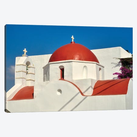 Red Dome And Bell Tower Of Greek Orthodox Church On Mykonos Canvas Print #ZSC53} by Zoe Schumacher Canvas Print