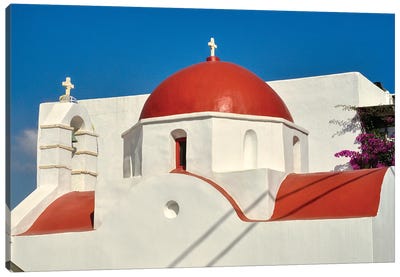 Red Dome And Bell Tower Of Greek Orthodox Church On Mykonos Canvas Art Print - Mykonos Art