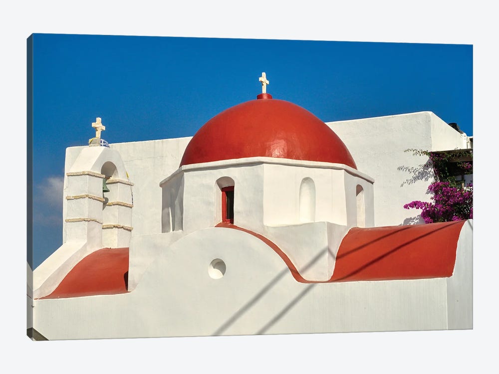 Red Dome And Bell Tower Of Greek Orthodox Church On Mykonos by Zoe Schumacher 1-piece Canvas Wall Art