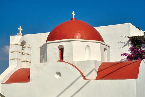 Mykonos: Red Dome And Bell Tower Of Greek Orthodox Church On Mykonos by Zoe Schumacher