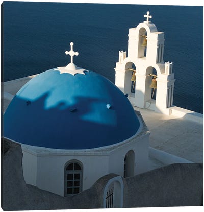 Santorini View From Fia Canvas Art Print - Blue Domed Church Santorini