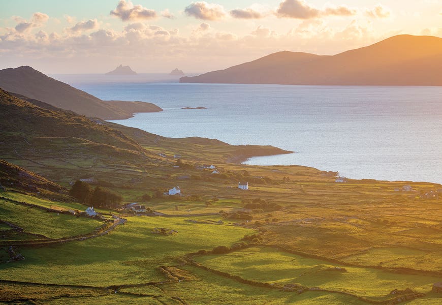 Evening Light Over Fields And Skellig Islands From Ballinskelligs Bay II, County Kerry, Ireland by Gareth McCormack