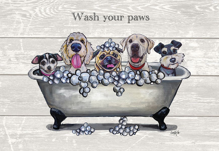 Tub With Dogs, Bathroom Dogs, Wash Your Paws by Hippie Hound Studios