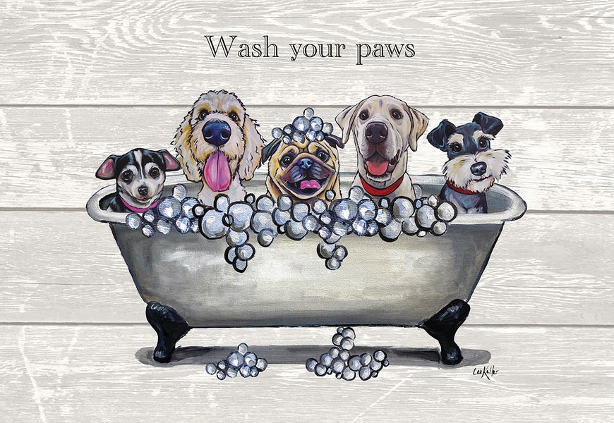 Tub With Dogs, Bathroom Dogs, Wash Your Paws by Hippie Hound Studios 