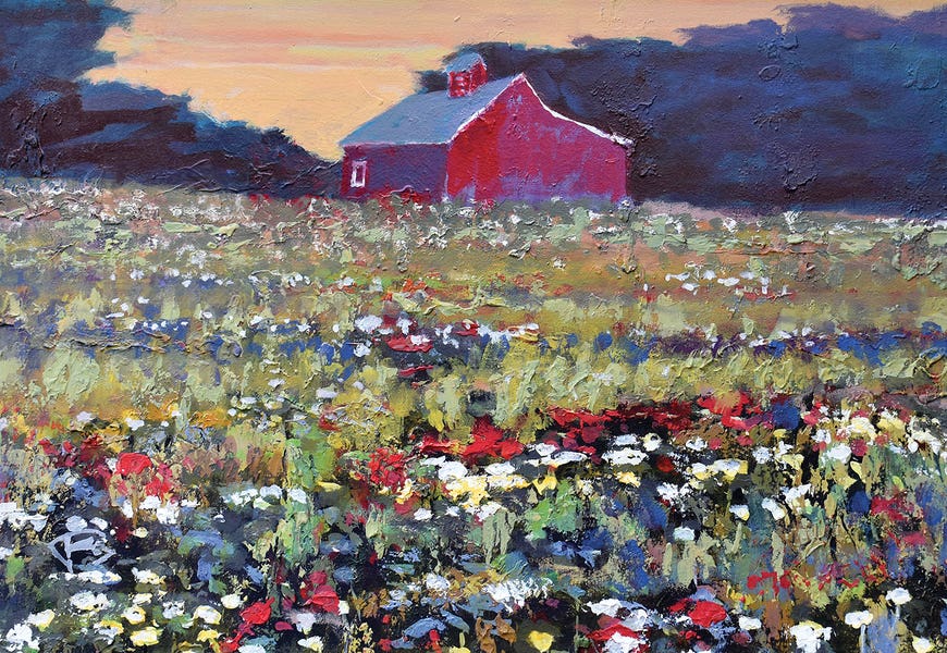 Red Barn And Flowers by Kip Decker