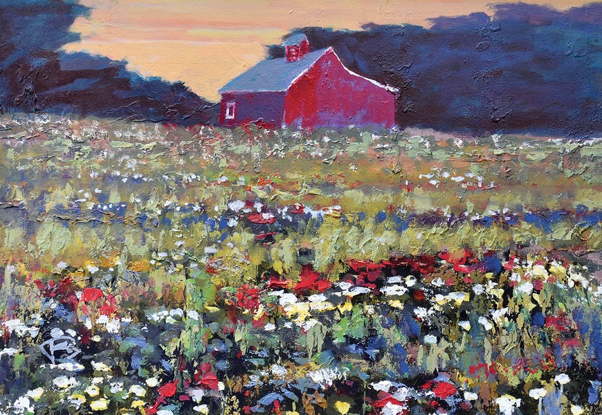Red Barn And Flowers by Kip Decker