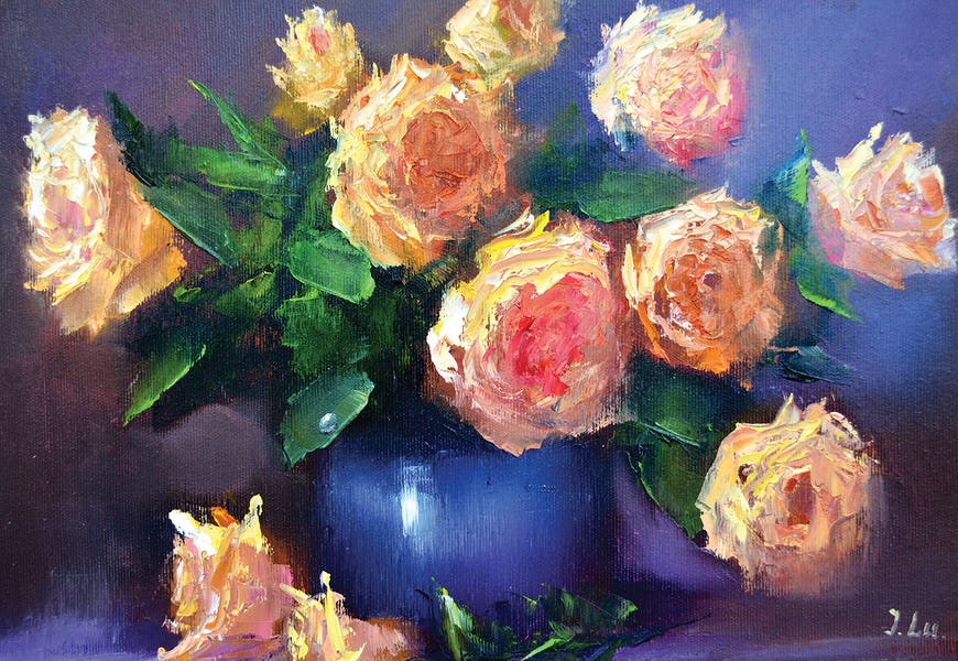 Yellow Roses In A Blue Vase II by Elena Lukina