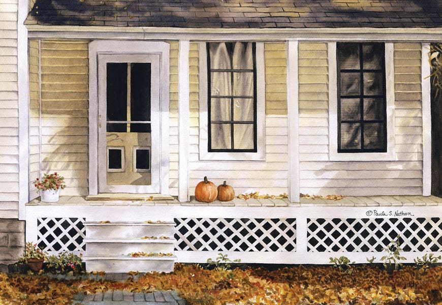 Vintage Rustic House With Pumpkins On Front Porch by Paula Nathan