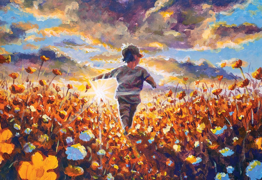 Child Running Freely Through A Golden Poppy Field by Valery Rybakow