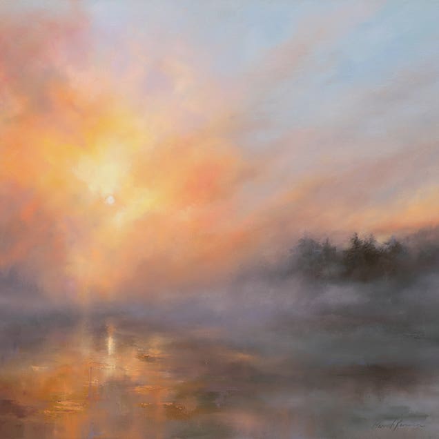 A Study In Sunset - Sun Setting Through Mist Over Reservoir by Hannah Kerwin