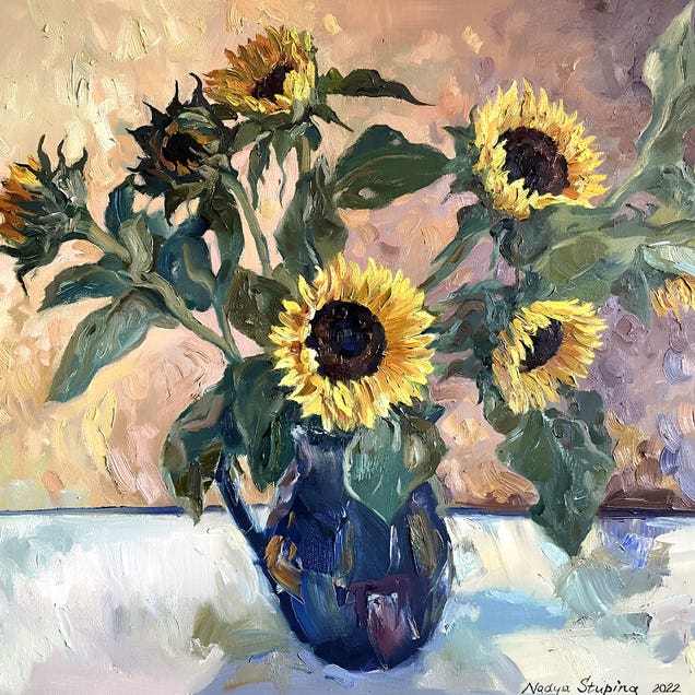 Sunflowers In A Blue Vase by Nadezda Stupina