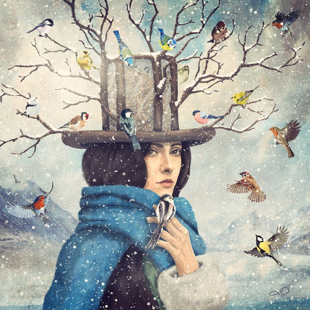 The Lady With The Bird Feeder Hat by Paula Belle Flores