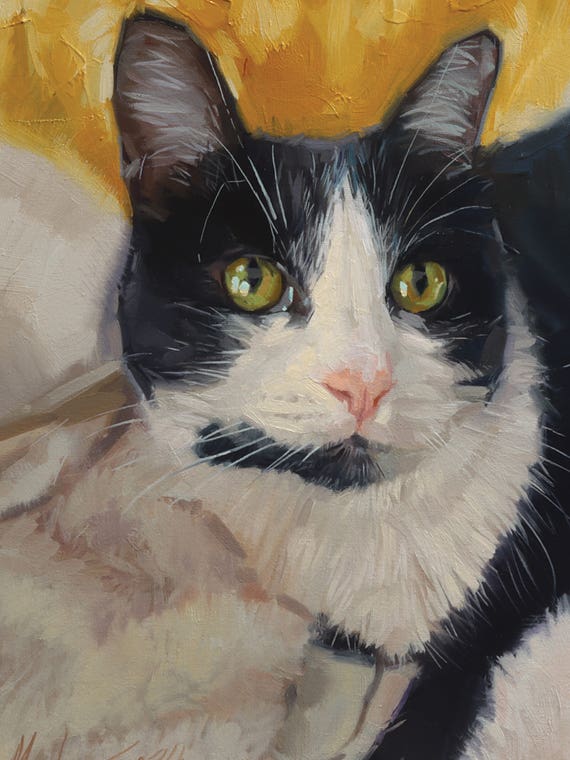 Black And White Cat Portrait In Oil by Alex Movchun