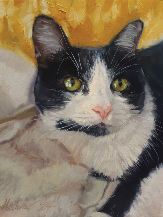 Black And White Cat Portrait In Oil by Alex Movchun