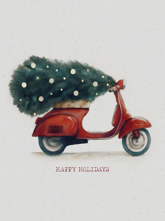 Happy Holidays Vintage Italian Red Scooter by Emanuela Carratoni