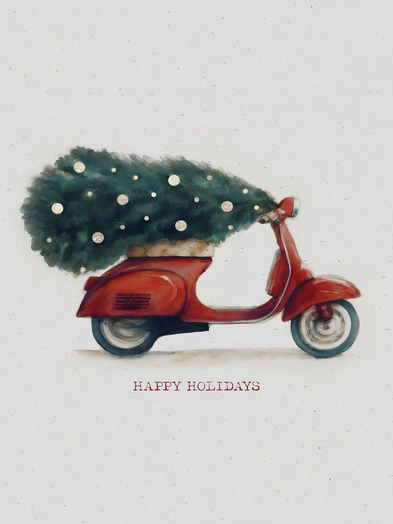 Happy Holidays Vintage Italian Red Scooter by Emanuela Carratoni