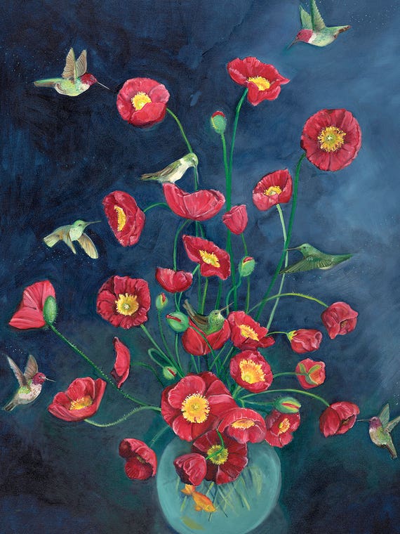 Hummingbirds And Poppies by Emily Reid