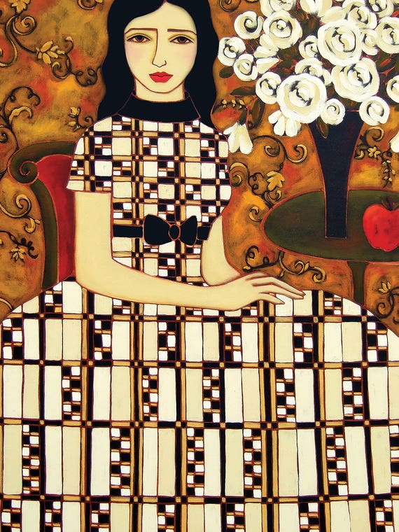 Woman With Ivory Roses And Apple by Karen Rieger