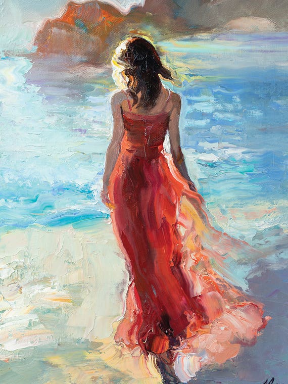 Girl In Red By The Sea by Katharina Valeeva