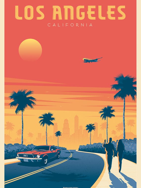Los Angeles California Sunset Travel Poster by Olahoop Travel Posters