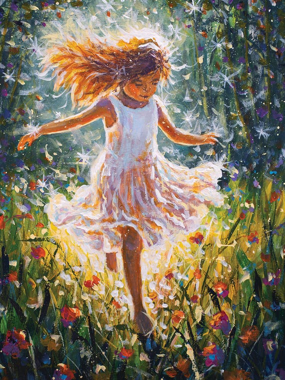 Young Girl In A White Dress Dancing Freely Among Luminous Flowers by Valery Rybakow