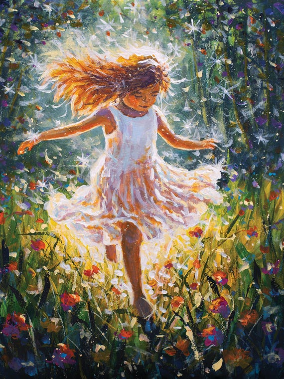 Young Girl In A White Dress Dancing Freely Among Luminous Flowers by Valery Rybakow